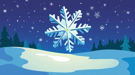 Illustrated Snowflake Over Winter Landscape with Stars