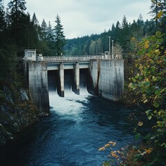 Concrete dam releasing water, forested landscape.