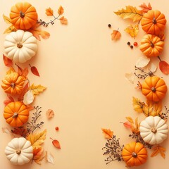Fototapeta premium Autumnal Flat Lay. Fall Background with Orange and White Pumpkins, Berries and Leaves, Top View