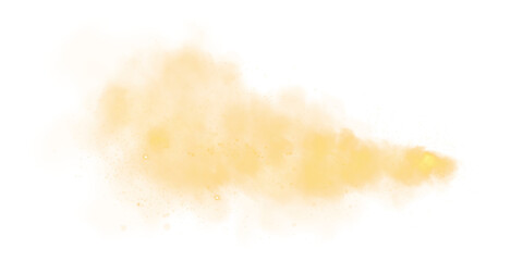 Fantastic yellow smoke background. Magic yellow smoke with glitter and small particles of twinkling stars. Fog with luminous particles. Yellow vapor with stardust. Morning fog over land or water