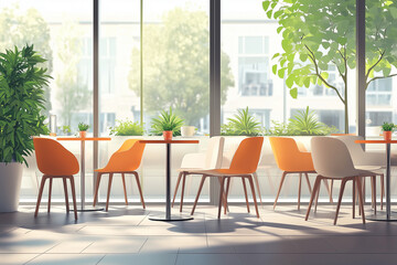 Fototapeta premium Modern cafe interior with chairs and dining table in a row