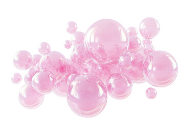 Fototapeta premium Pink Transparent Soap Bubbles Clustered Together on a White Background with Reflections and Shadows