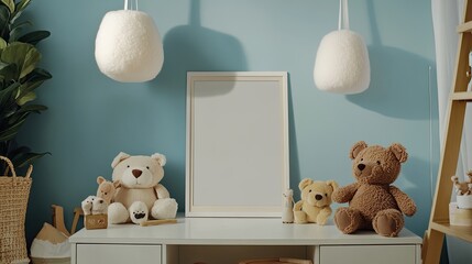 Adorable teddy bears and fluffy lamps create a cozy nursery atmosphere. A blank frame offers customization options for the perfect personalized touch.
