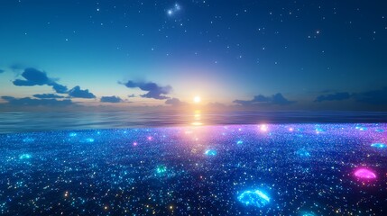 Fototapeta premium digital technology moonlight and glowing sea water beach illustration poster background