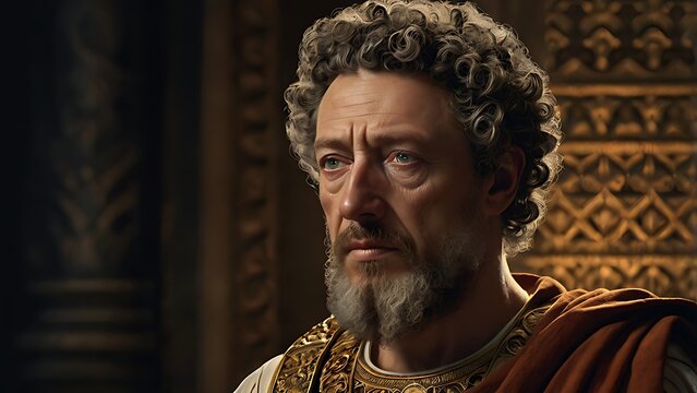Marcus Aurelius: A detailed portrait of Marcus Aurelius, the Roman Emperor and Stoic philosopher, wearing a toga with intricate Roman patterns