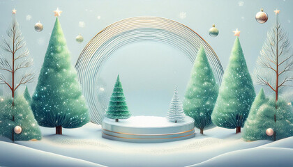 A winter-themed digital illustration featuring stylized snow-covered trees, golden ornaments, and a circular platform in the center, with a blurred central area Generative AI