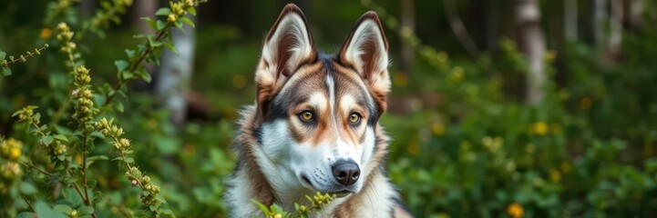 Adult husky dog with piercing yellow eyes standing confidently in lush greenery of a forest clearing, canine, greenery, yellow eyes