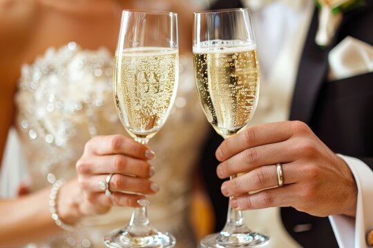 A joyful couple toasting with champagne glasses during their wedding celebration at an elegant venue in the afternoon light