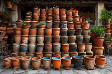 Fototapeta premium Terracotta pottery planters stacked in a garden center.