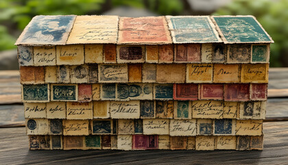 Fototapeta premium Vintage postage stamp mosaic box on wooden table.