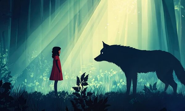 girl in red cloak meets wolf in mystical forest