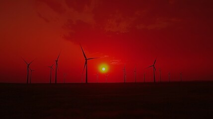 Obraz premium Silhouetted Wind Turbines Against a Crimson Sky