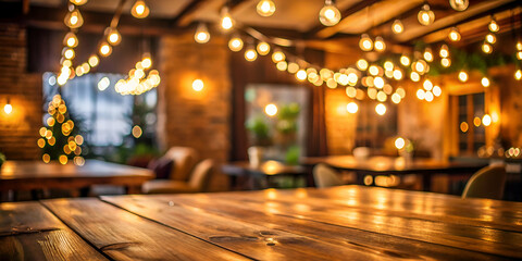 A cozy, warmly lit restaurant space, adorned with decorative string lights and a festive tree, creating an inviting atmosphere.