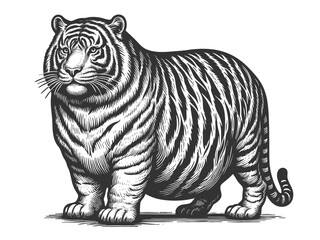 Obraz premium Fat chubby tiger with bold stripes and a playful demeanor, blending humor and artistic detail sketch engraving generative ai vector illustration. Scratch board imitation. Black and white image.
