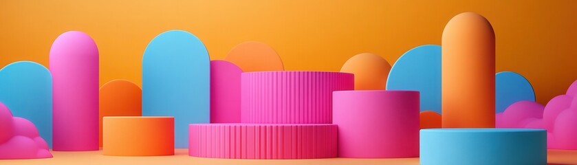 Fototapeta premium Colorful geometric shapes create a vibrant and playful digital landscape, perfect for adding energy to design projects.