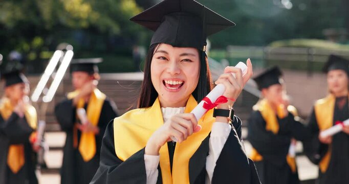 Face, excited and girl with diploma at graduation for education, achievement and university certificate. Woman, student and scroll for award celebration, studying success and academic event in Japan