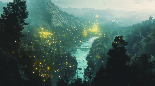 Energy grids blending into natural landscapes like forests, rivers, or mountains, background for Sustainable smart grid initiatives or eco-friendly energy branding, 16:9