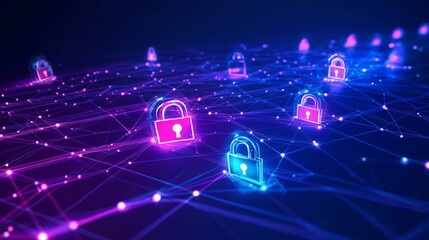 Cybersecurity in Energy, Shield icons and padlocks integrated into a glowing grid network, background for energy system protection campaigns or smart grid cybersecurity services, 16:9