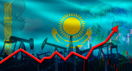 Oil pumps with Kazakhstan flag. Oil production with Kazakhstan flag, petrol industry