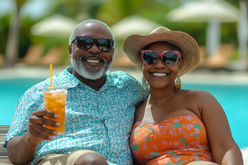 Retired couple enjoying a relaxing time by the pool on their tropical vacation