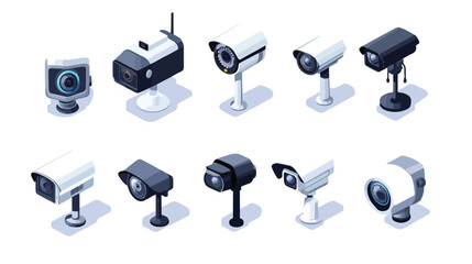 Isometric Security Camera Icon Set for Surveillance System Concepts