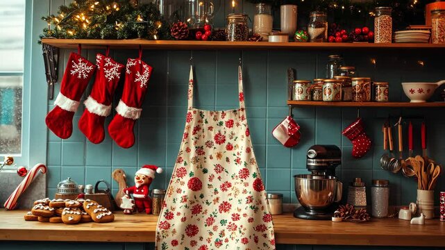 Mockup of a plain holiday apron hanging in a festive kitchen, with gingerbread cookies, candy canes, and Christmas decorations adding a cozy touch. 4K Video
