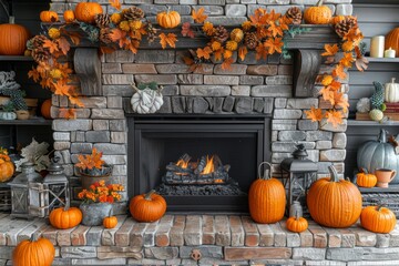 Cozy autumn fireplace decorated with pumpkins and fall leaves creating a warm atmosphere in the living room