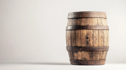 Fototapeta premium A rustic wooden barrel with metal bands stands against a neutral white background, highlighting its vintage character and timeless appeal.