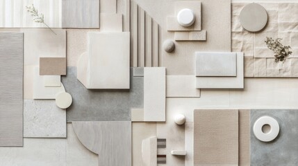 Elegant flat lay composition with textile and paint samples, panels, and cement tiles. Stylish interior designer moodboard. Light beige and gray color palette. Copy space. Template