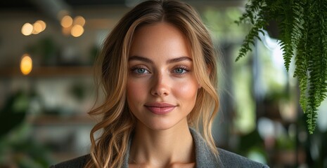 Fototapeta premium Stunning Portrait of a Woman with Blonde Hair and Blue Eyes in a Cafe Setting