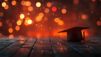 Graduation cap on wooden table celebrating academic achievement under festive bokeh lights, education concept boken background copy space