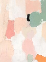 Abstract brushstroke painting with pastel pink, green, orange, and white colors on a textured canvas. Minimalist modern art style. Design for poster, wallpaper, or print.