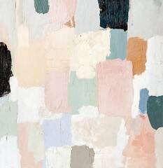 Abstract brushstroke painting with pastel pink, green, orange, and white colors on a textured canvas. Minimalist modern art style. Design for poster, wallpaper, or print.