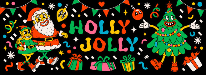 Obraz premium Groovy holly jolly banner with Santa Claus, Christmas tree, gifts, and other design elements in retro vintage cartoon style