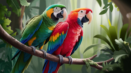 two vibrant parrots perched on a branch