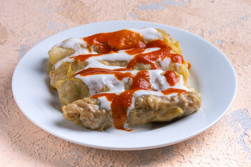 Cabbage wrap. Turkish food traditional stuffing.Cabbage leaf meat filling.