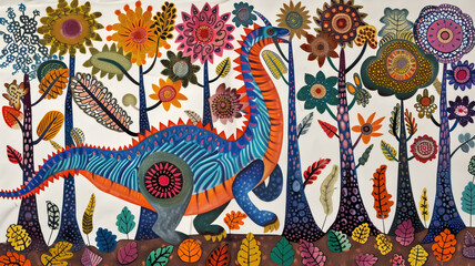 Obraz premium Traditional Gond painting of dinosaurs among abstract trees on a
