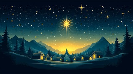 Fototapeta premium A mesmerizing flat vector illustration depicting a peaceful village surrounded by majestic mountains under a starry night sky. 