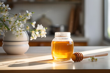 Jar of honey in a kitchen