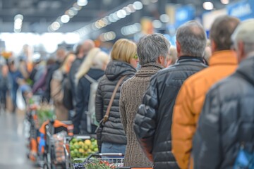 Long line of shoppers waiting to check out at a busy grocery store during the weekend afternoon in a modern retail environment