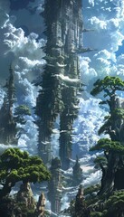Fototapeta premium A Tall, Towering, Metal Structure Reaching Towards the Sky, Surrounded by Lush Greenery and Fluffy Clouds