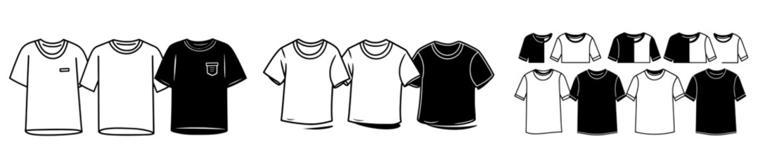 Naklejka premium A mockup of a black and white blank t-shirt, displaying front, back, and side views, with a sport short sleeve, empty print, and blank men's clothing. Perfect for promoting casual textile clothing