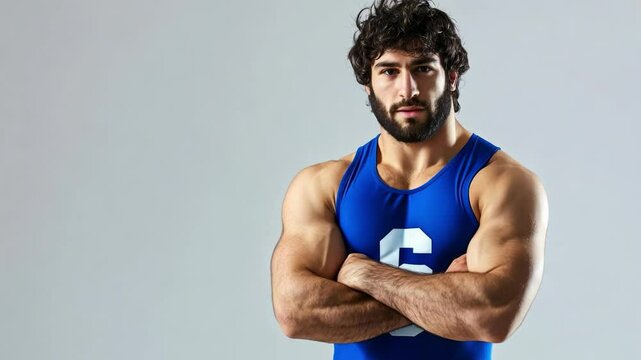Wrestler in blue singlet poses confidently with crossed arms in a studio setting showcasing athletic physique