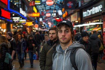 Obraz premium Young man stands in busy market street filled with people shopping at night in a vibrant urban setting