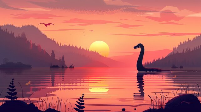 loch ness monster in lake at sunset illustration