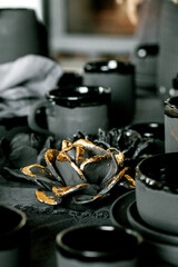 Rustic table setting with empty craft handmade ceramic tableware