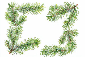 Obraz premium Fir branch frame painted in watercolor style with white empty center for text or design.