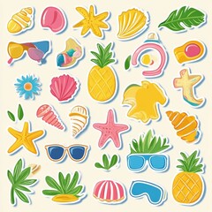 Colorful Tropical Beach Icons Summer Stickers Vacation Doodles