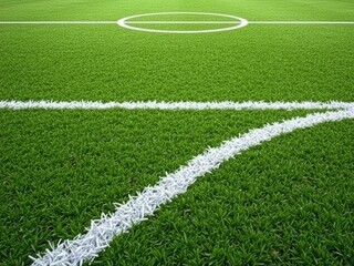 Fototapeta premium Soccer grass field with white chalk lines for sports matches, stadium, playing surface