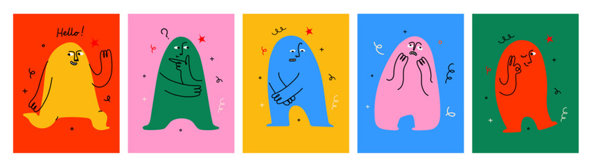 Abstract cute creatures or mascot doodle characters set with different face emotions. Colorful avatars design face doing funny hand gesture and emotion in simple doodle art style